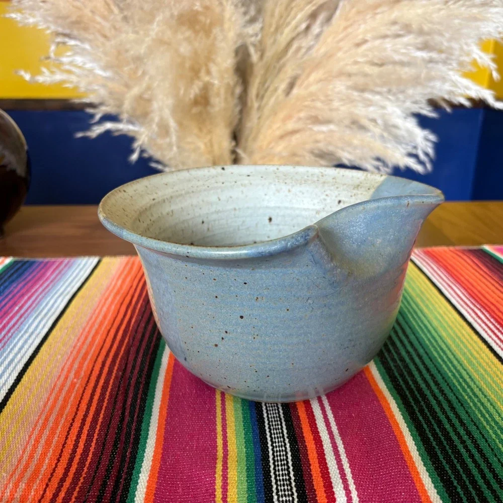Studio Pottery Batter Bowl Blue Cream Speckled Glaze Stoneware Mixing Spout 7in